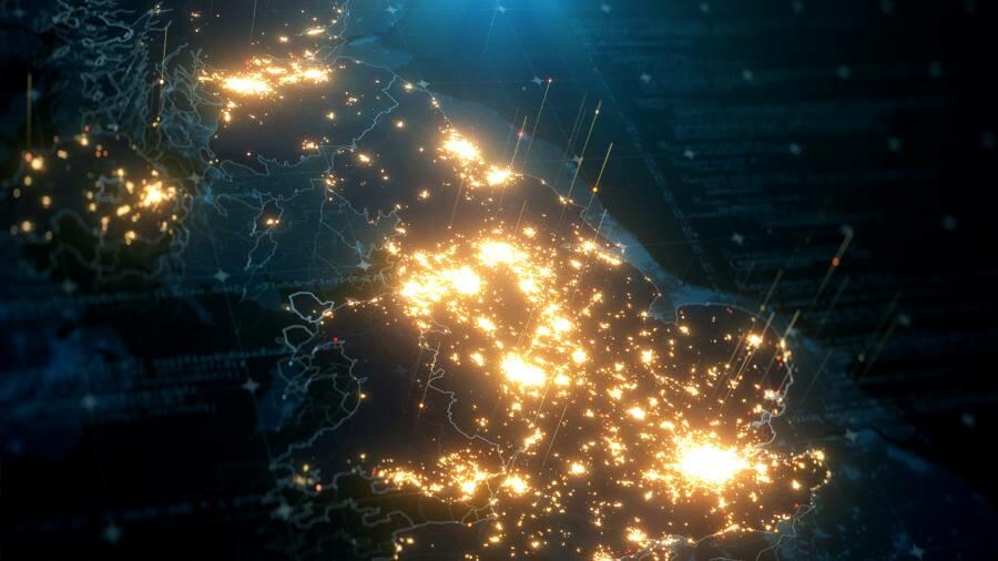 UK map with cities networked in light